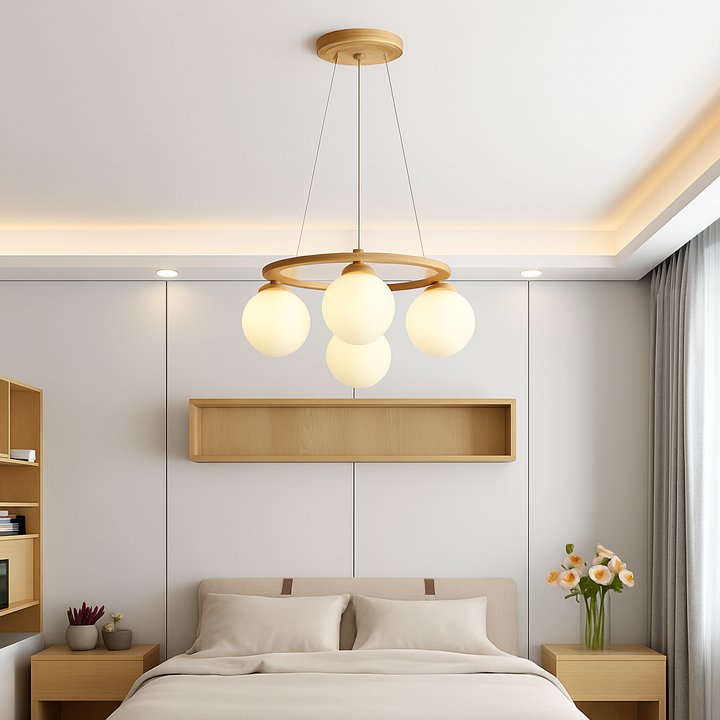 lustre suspendu en bois avec lampe en verre moderne - vue 4 sur 13