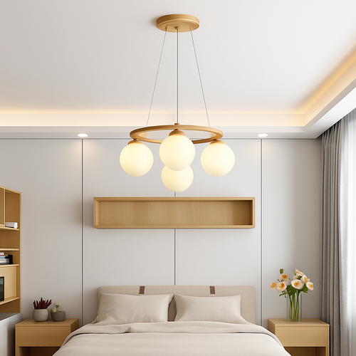 lustre suspendu en bois avec lampe en verre moderne