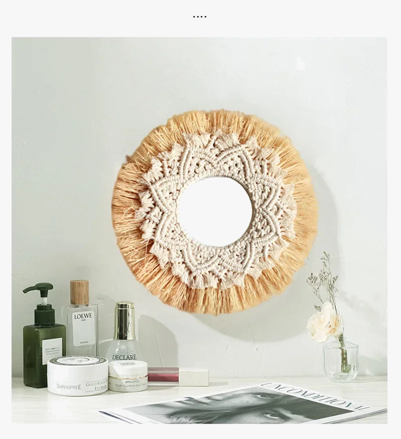 miroir mural bohème en paille tissée pour décoration intérieure