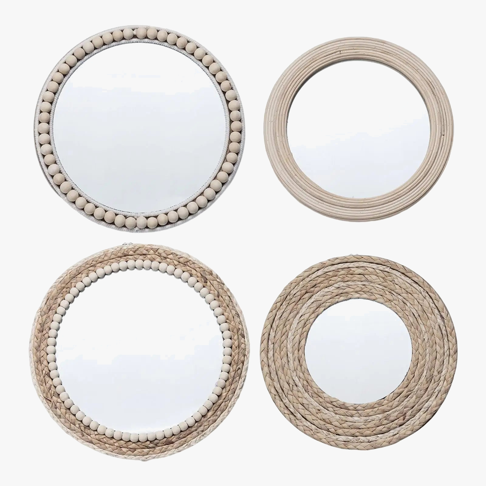 miroir rond en corde de paille avec perles décoratives en bois