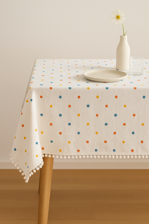 Nappe coton style champêtre dentelle marguerite pompons table - vue 2 sur 2