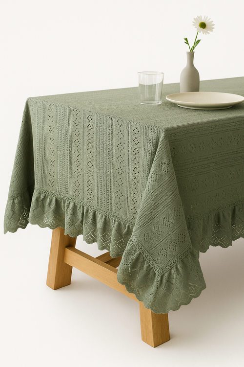 Nappe jacquard vintage bordure dentelle style nordique table - vue 2 sur 2