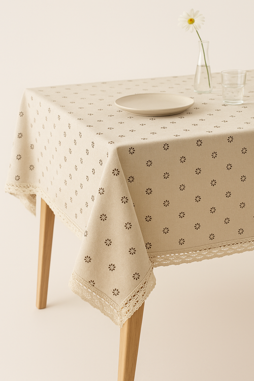 Nappe style champêtre dentelle marguerite avec pompons table - vue 2 sur 2