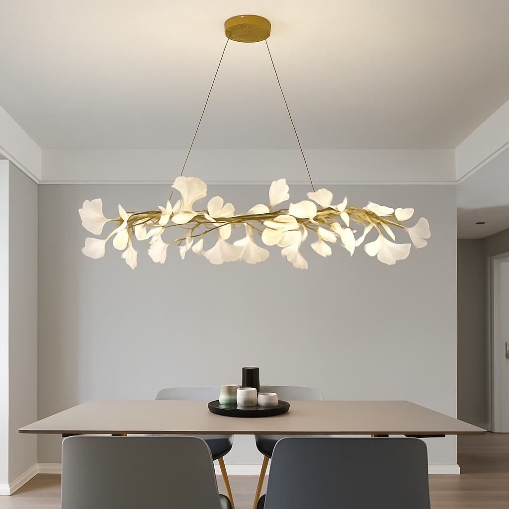 Nordique feuille de gingko LED lustre moderne cuisine salon chambre salle à manger rond intérieur loft plafond suspension - vue 3 sur 17