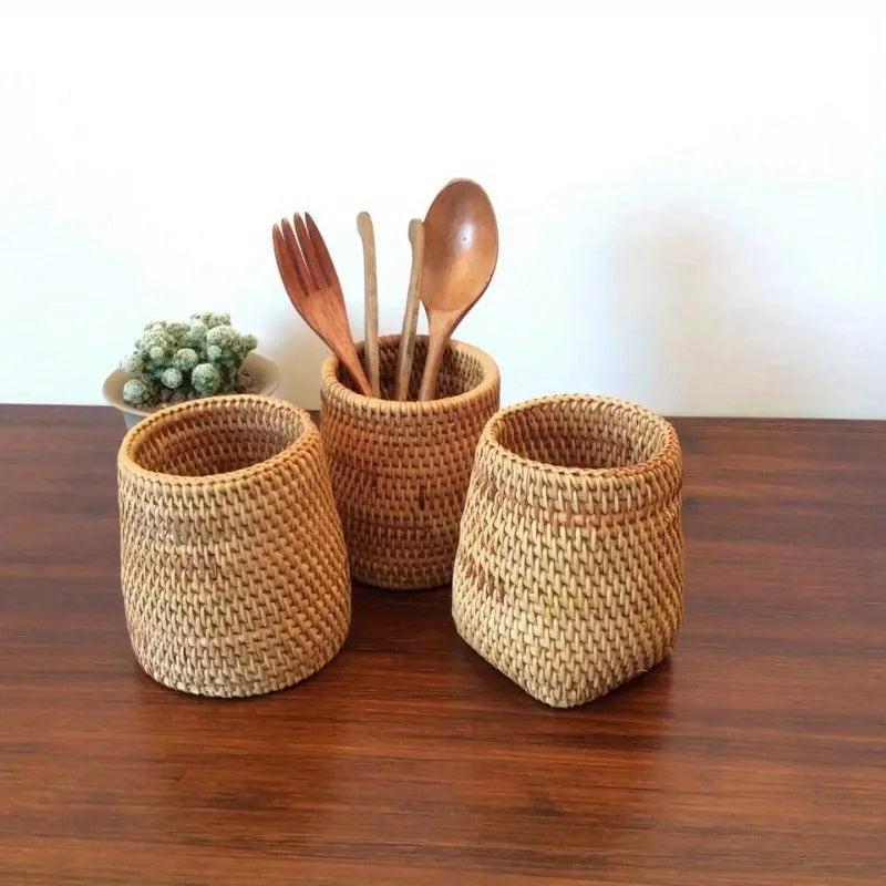 organisateur de rangement en rotin pour ustensiles de cuisine