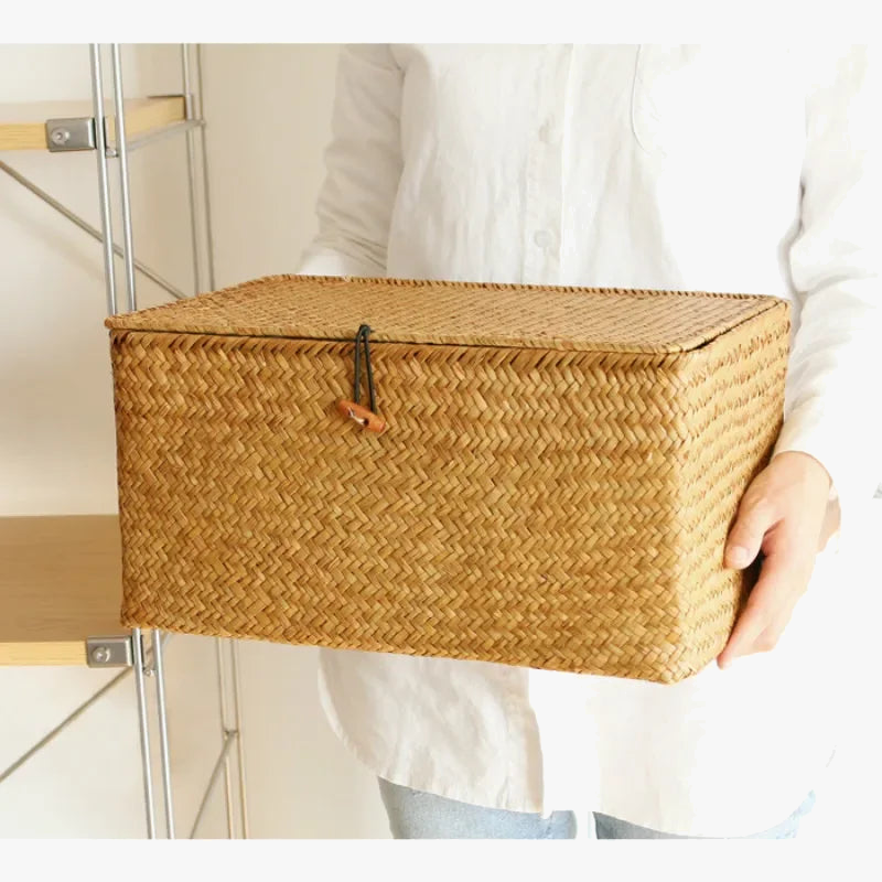 panier de rangement tissé en jonc de mer avec couvercle