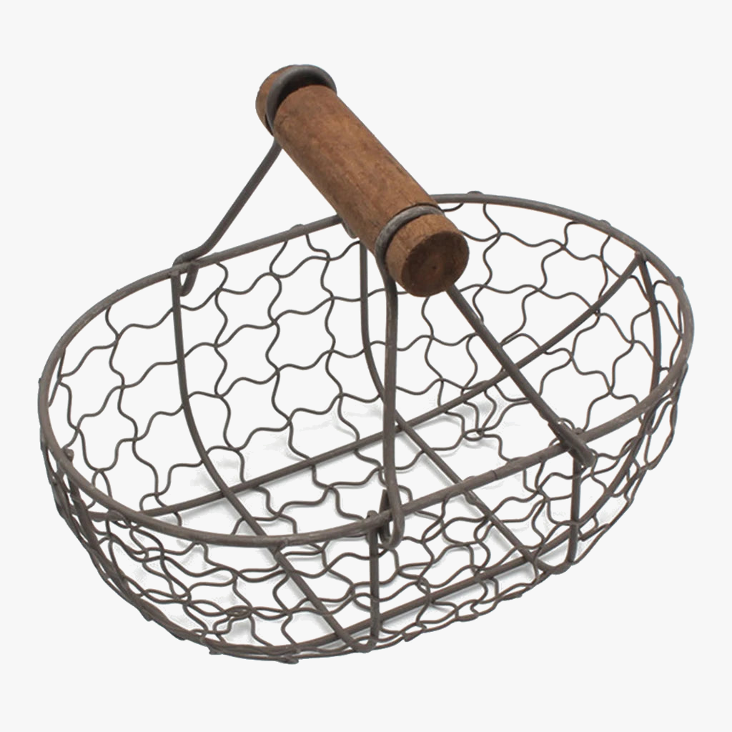 panier rétro en métal avec poignée en bois pour fruits et légumes