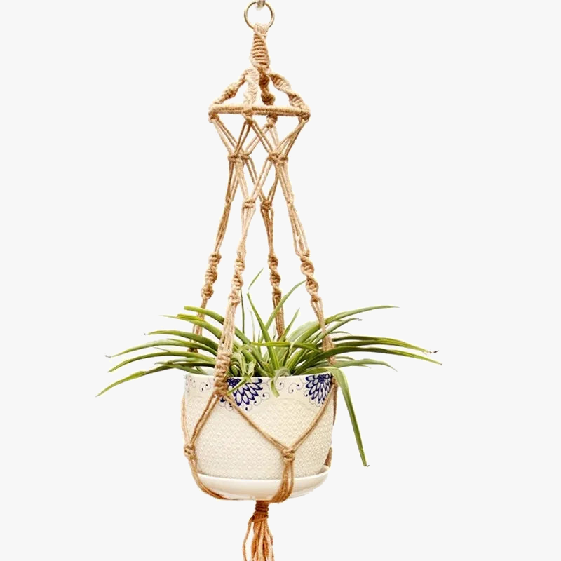 panier suspendu en corde de chanvre pour plantes décoratives