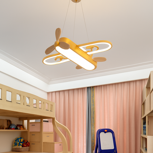 Plafonnier avion LED jaune bleu design minimaliste plafonnier en bois pour chambre d'enfant maison bébé garçons enfant suspension - vue 4 sur 10