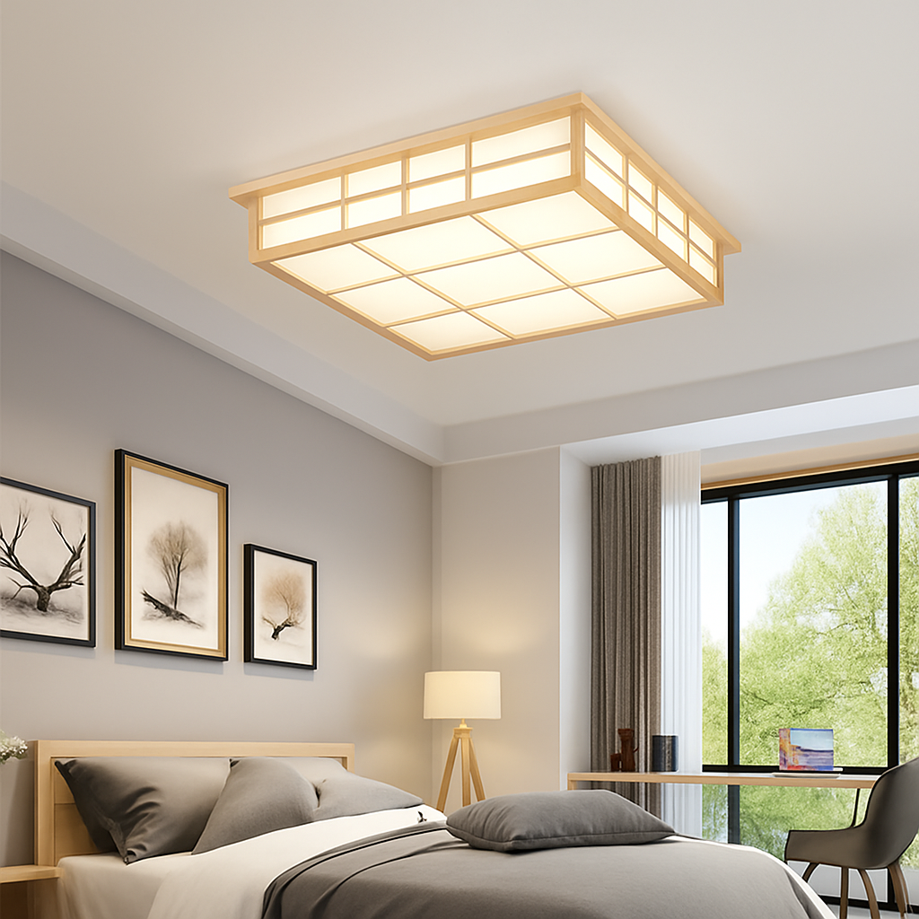 plafonnier carré en bois japonais led pour cuisine restaurant - vue 3 sur 7