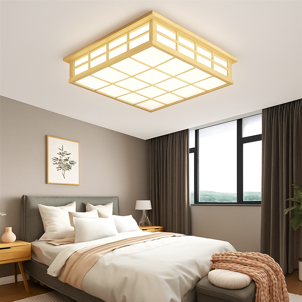 plafonnier carré en bois japonais led pour cuisine restaurant - vue 4 sur 7