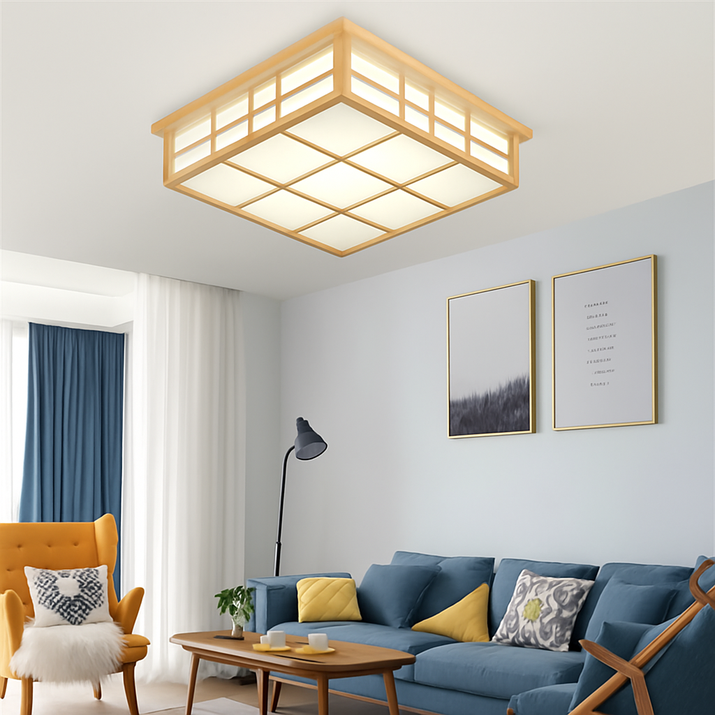 plafonnier carré en bois japonais led pour cuisine restaurant - vue 5 sur 7
