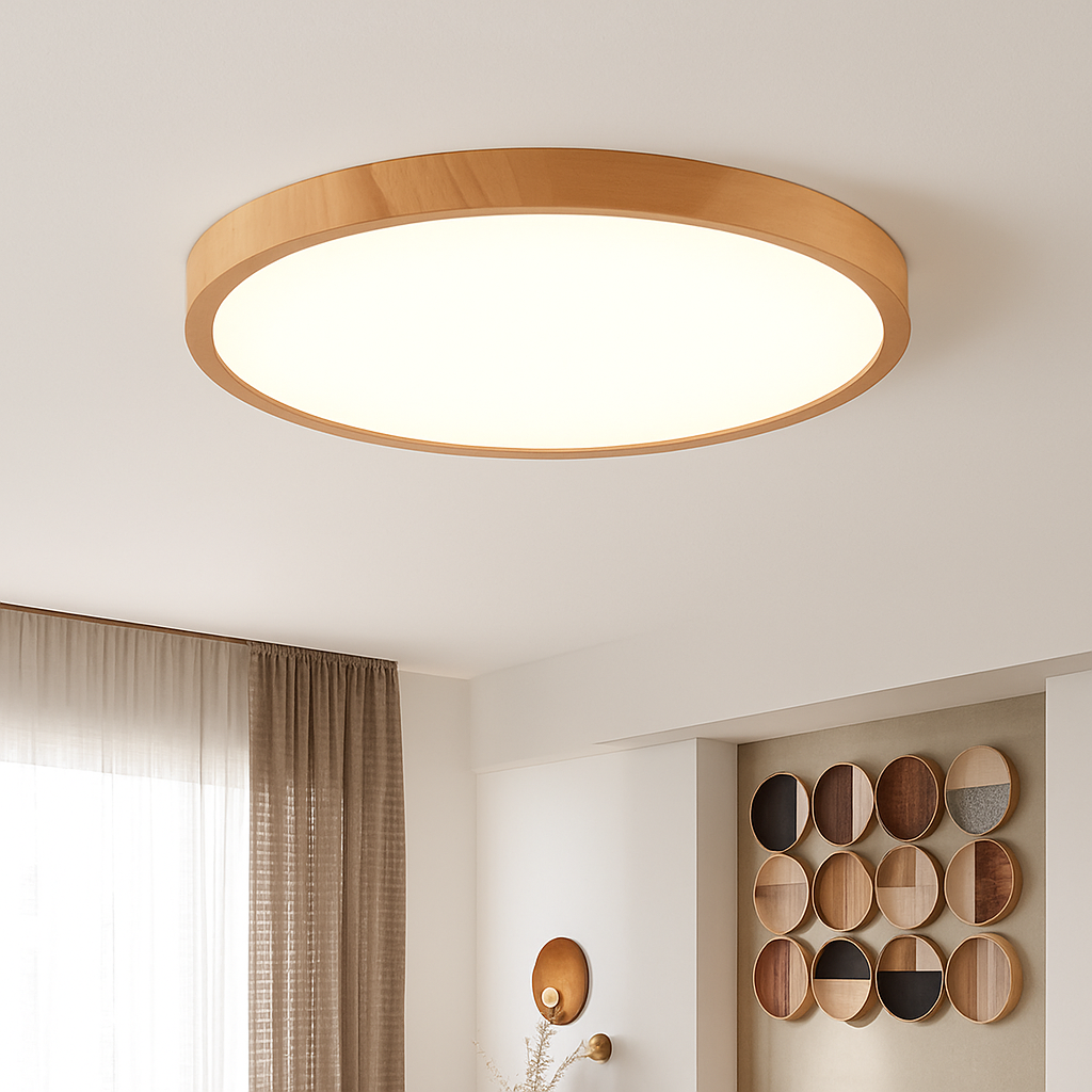 plafonnier led moderne circulaire en grain de bois éclairage intérieur décoratif - vue 5 sur 10
