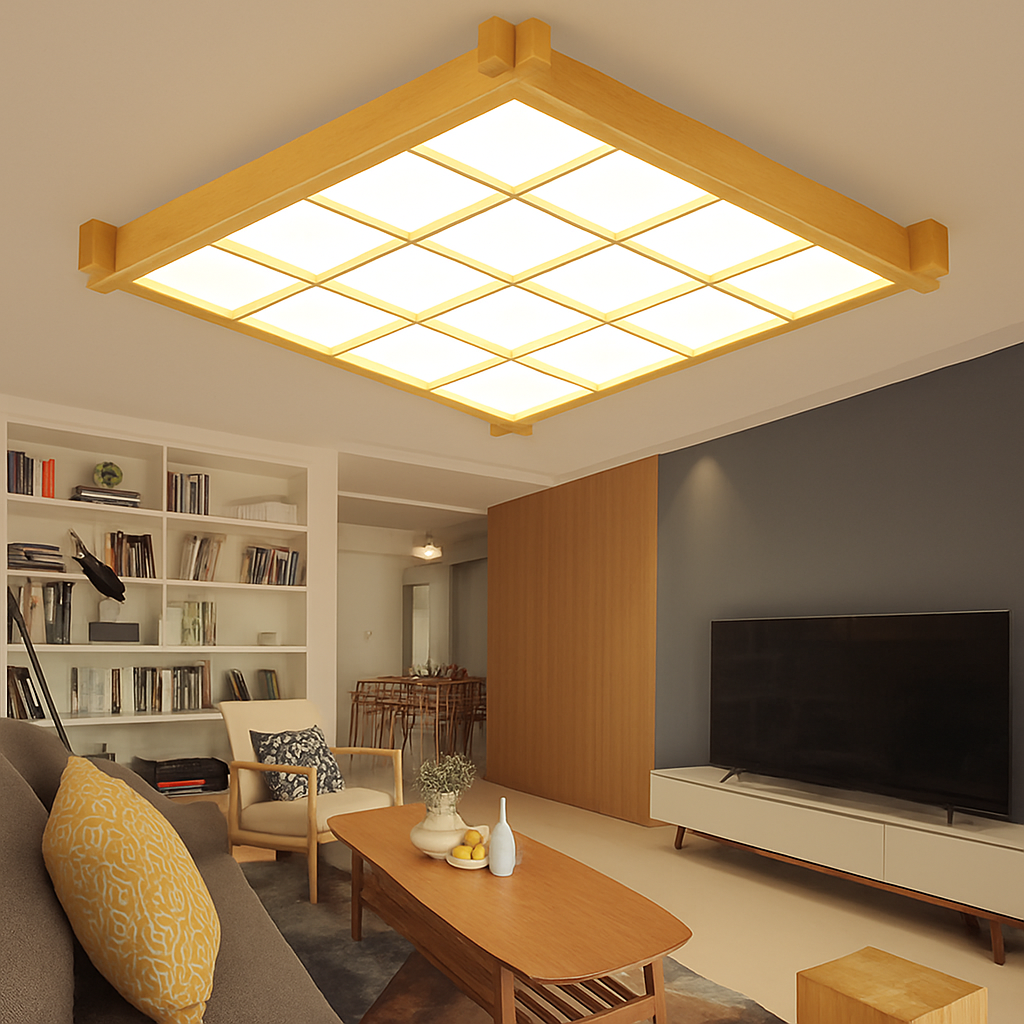 plafonnier led ultra-mince en bois style japonais avec couverture en peau de mouton - vue 3 sur 4