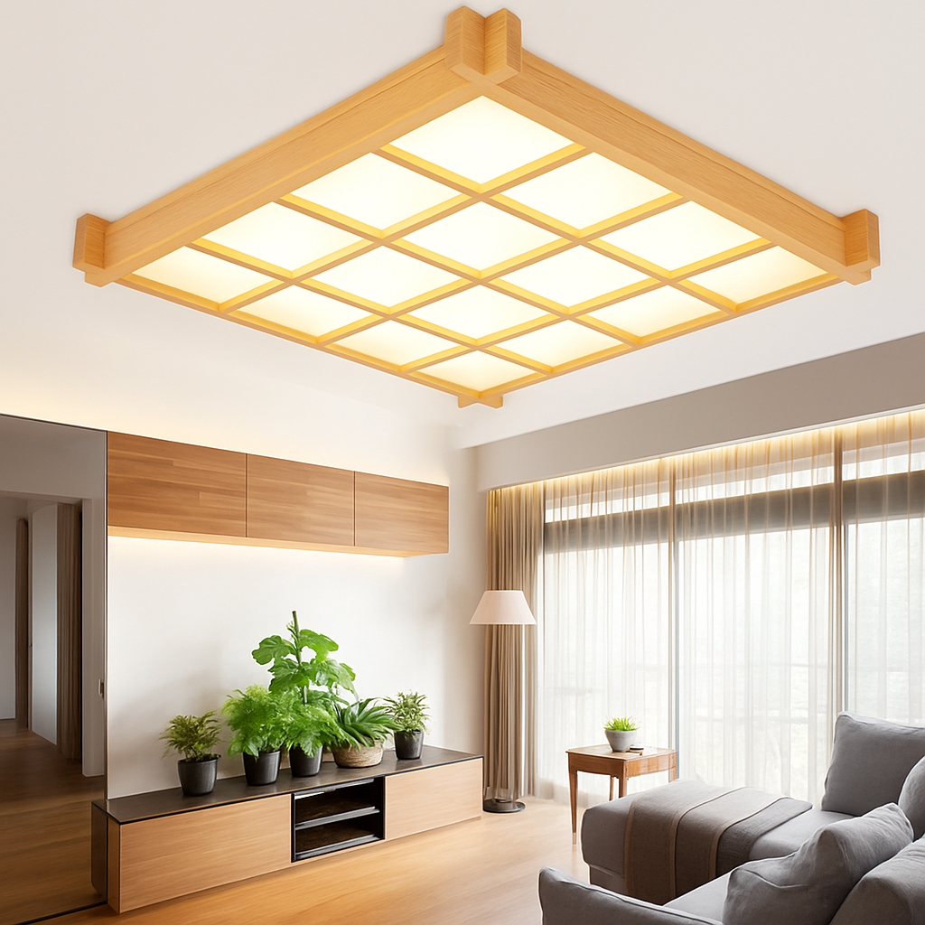 plafonnier led ultra-mince en bois style japonais avec couverture en peau de mouton - vue 5 sur 4
