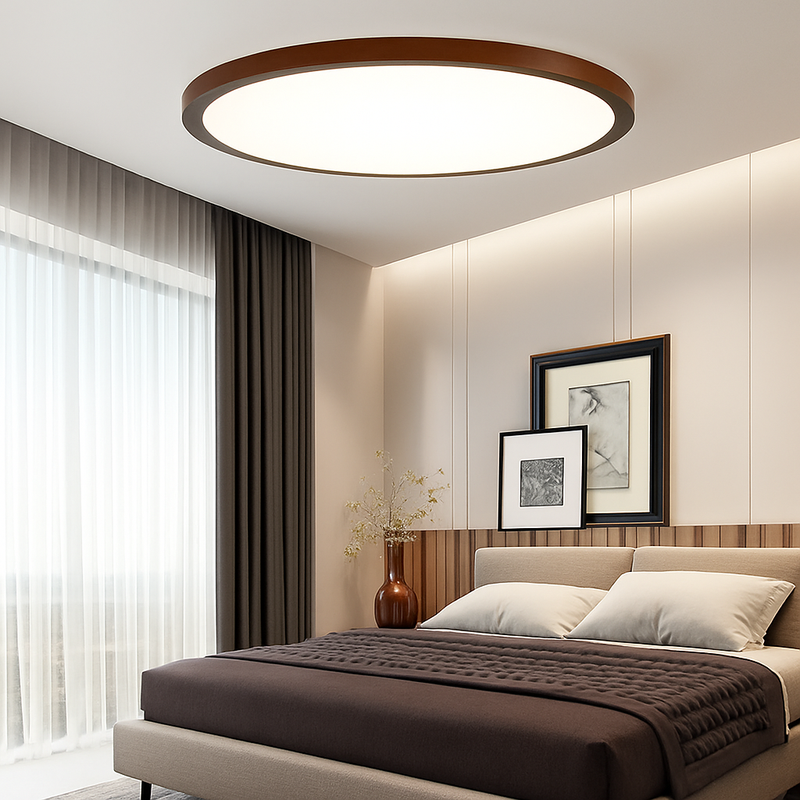 plafonnier rond ultra mince en noyer pour un éclairage moderne
