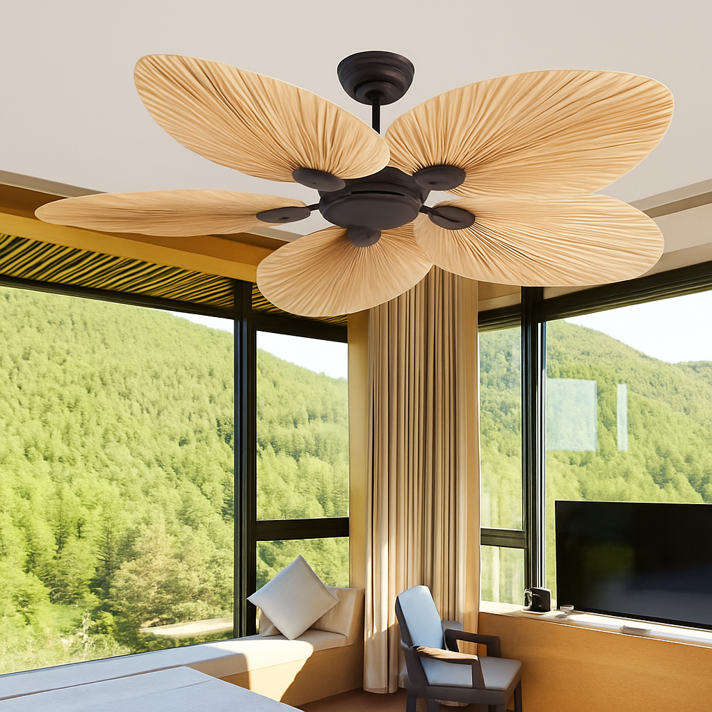 plafonnier ventilateur de plafond avec télécommande et pales en palmier naturel - vue 3 sur 7