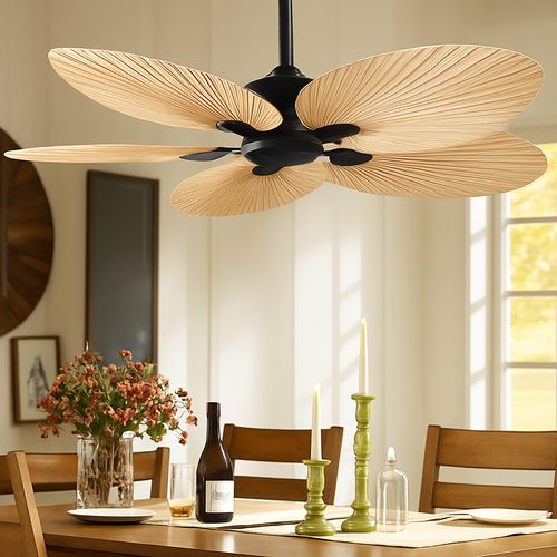 plafonnier ventilateur de plafond avec télécommande et pales en palmier naturel - vue 5 sur 7