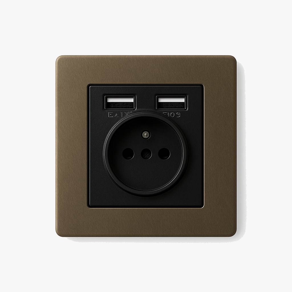 Prise électrique et double USB en acier gris vieilli bords arrondis