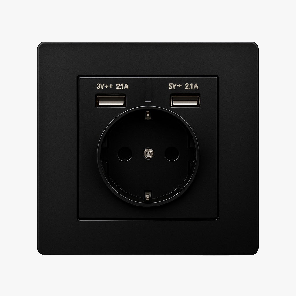 Prise électrique et double USB en acier noir mat bords arrondis