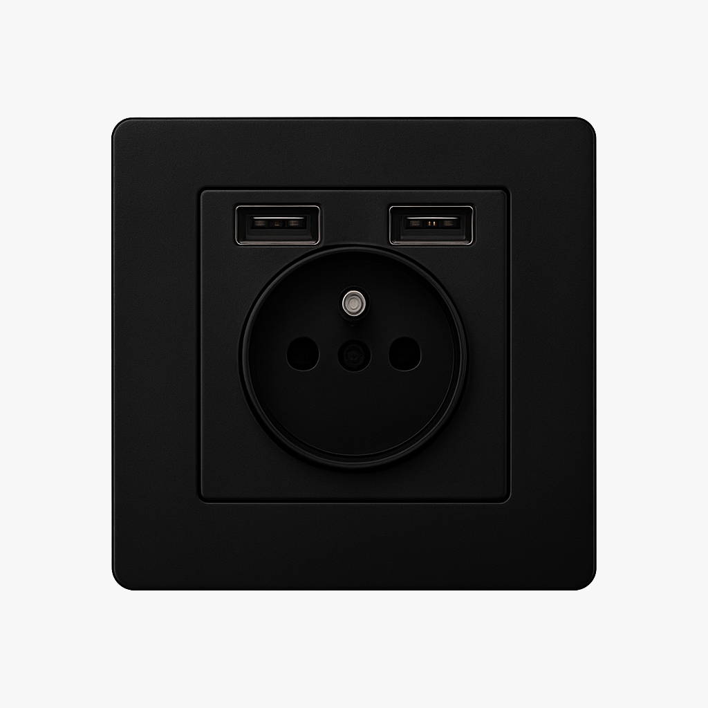 Prise électrique et double USB en acier noir mat bords arrondis