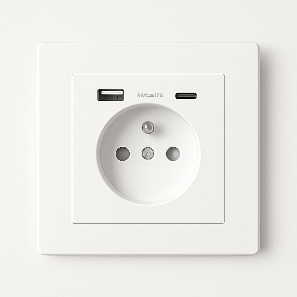 Prise électrique et double USB et USB type C en acier blanc mat bords arrondis