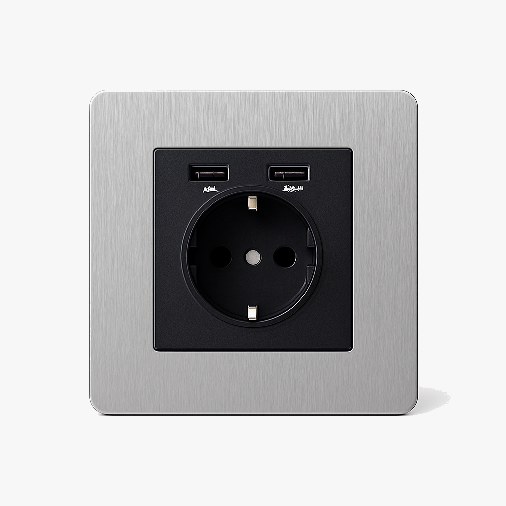 Prise électrique et double USB et USB type C en acier gris clair brossé bords arrondis