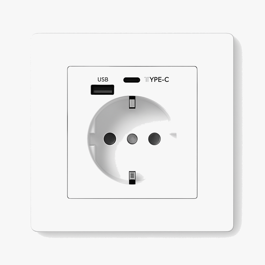 Prise électrique et double USB et USB type C (Europe) en acier blanc mat bords arrondis