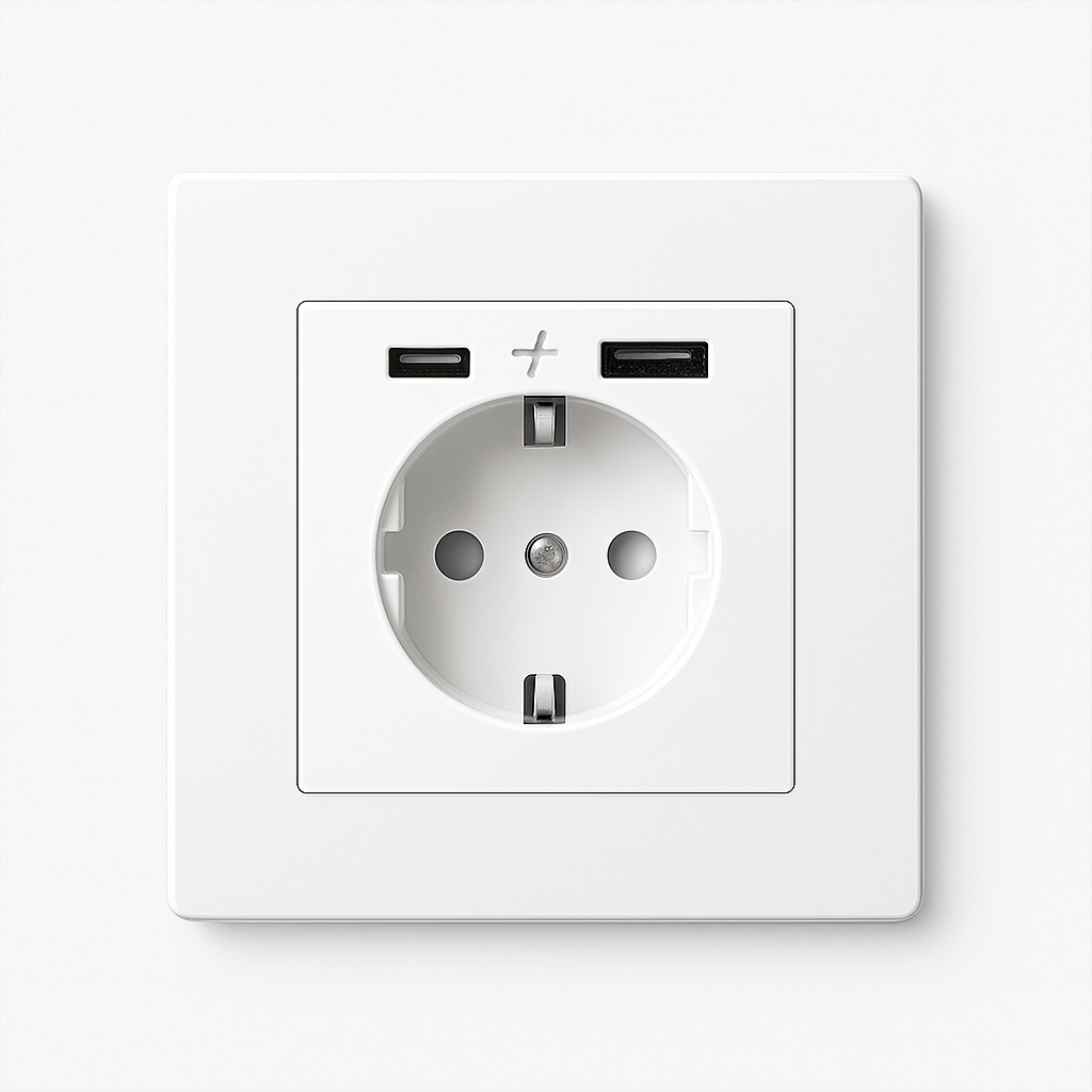 Prise électrique et double USB et USB type C (Europe) en acier blanc mat bords arrondis