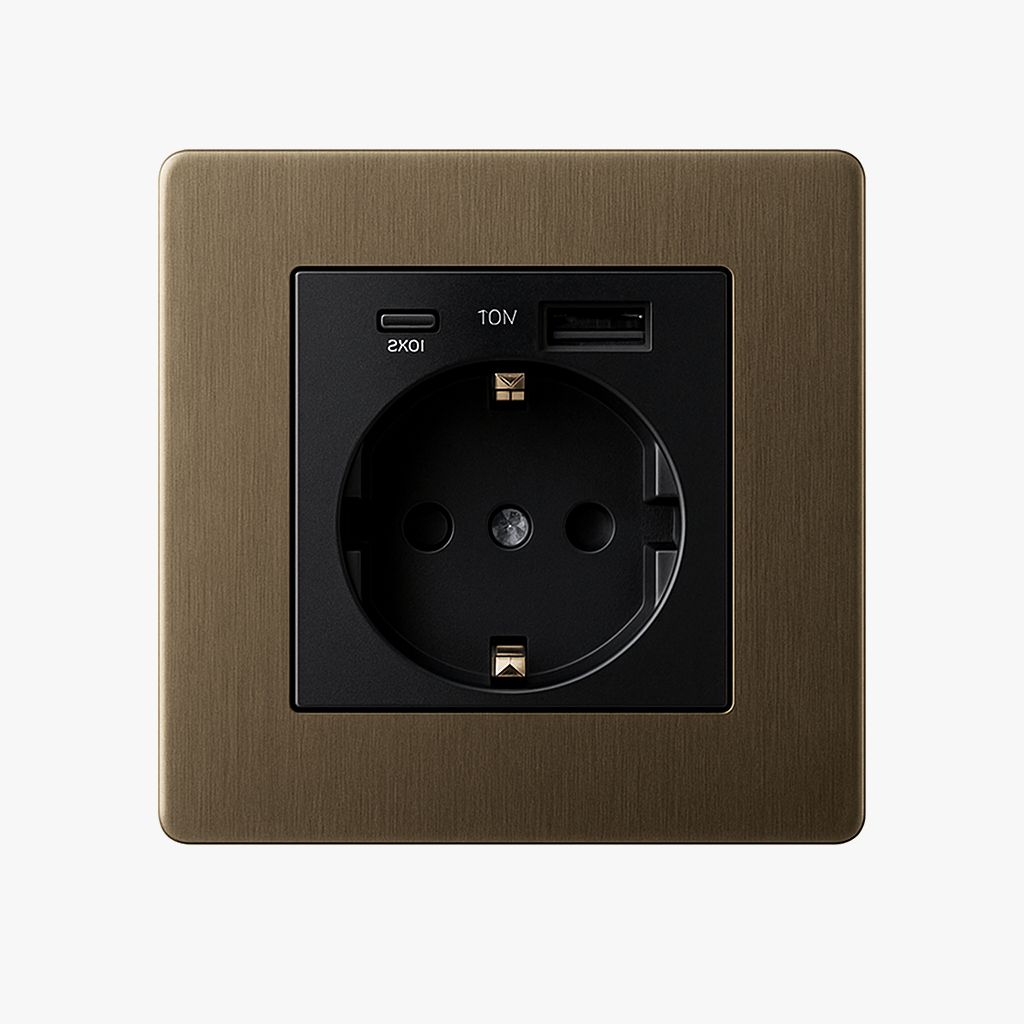 Prise électrique et double USB et USB type C (Europe) en acier bronze vieilli bords arrondis