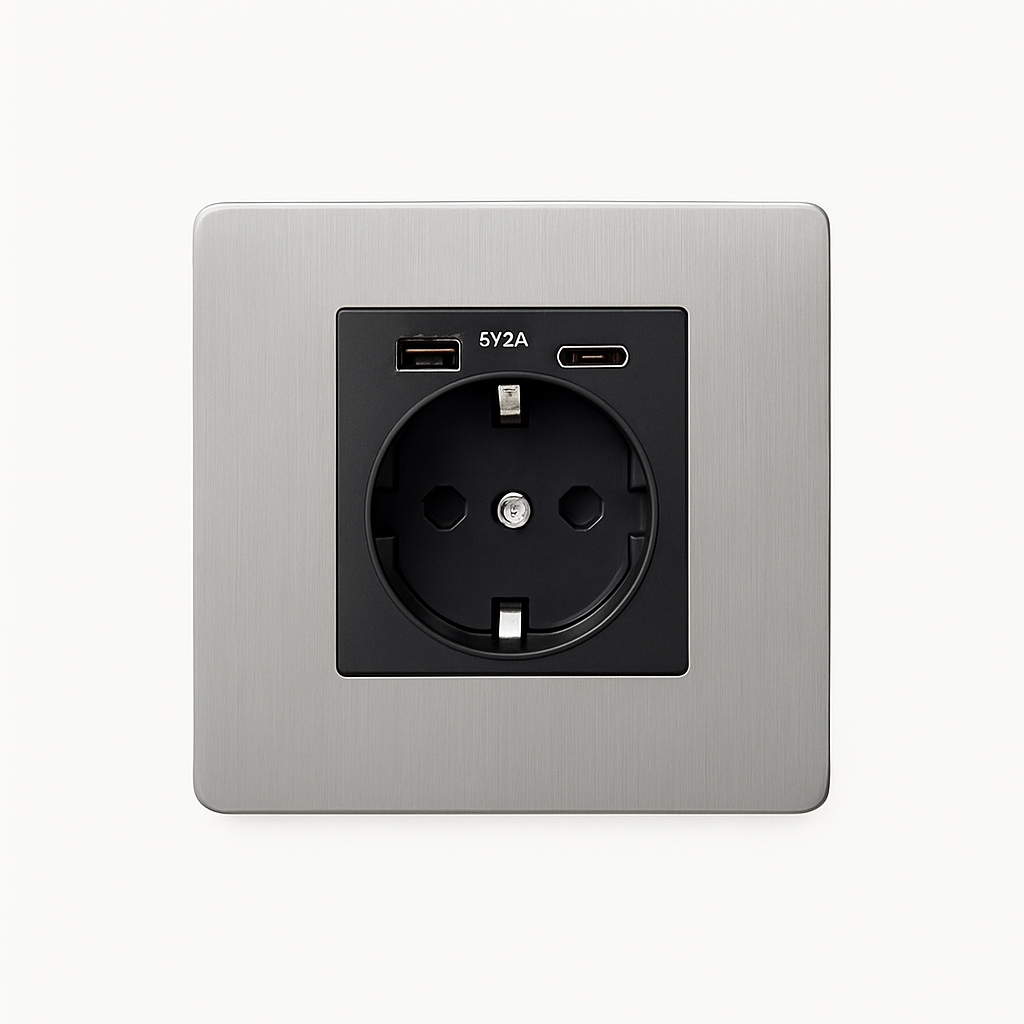 Prise électrique et double USB et USB type C (Europe) en acier gris clair brossé bords arrondis