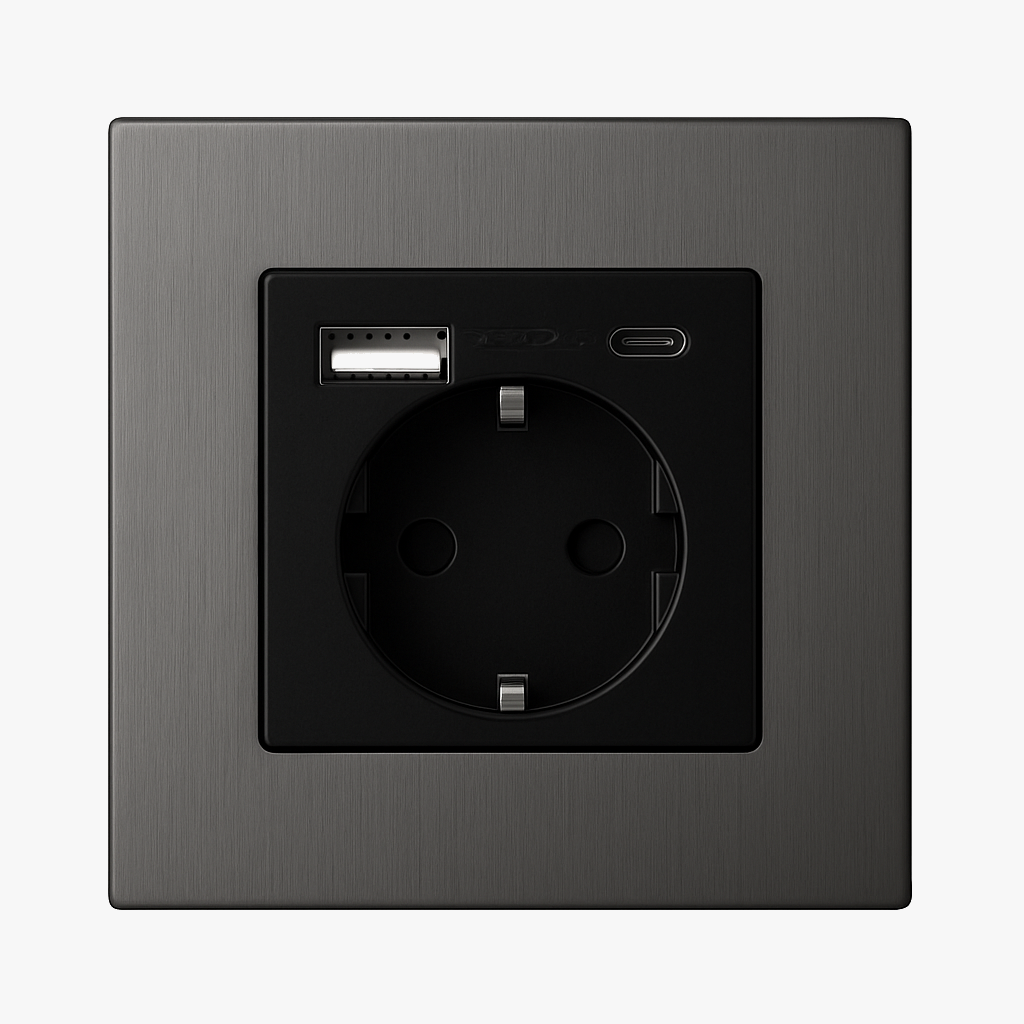 Prise électrique et double USB et USB type C (Europe) en acier gris foncé brossé