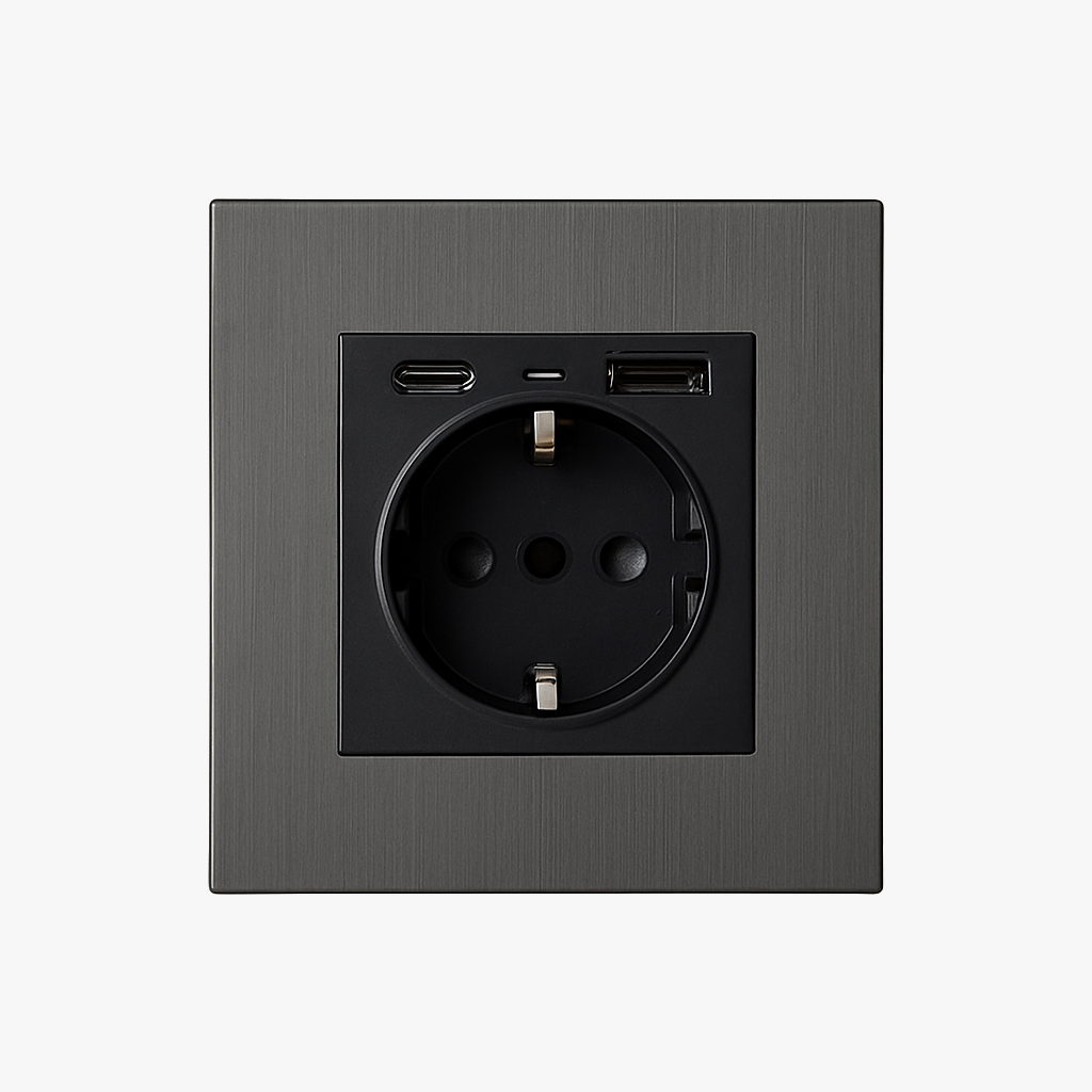 Prise électrique et double USB et USB type C (Europe) en acier gris foncé brossé
