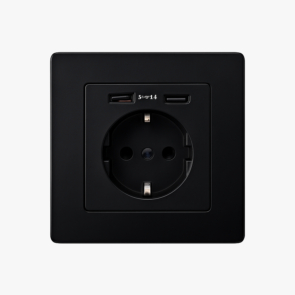 Prise électrique et double USB et USB type C (Europe) en acier noir mat bords arrondis