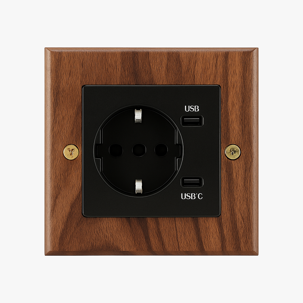 Prise électrique et double USB et USB type C (Europe) en bois et vis dorées