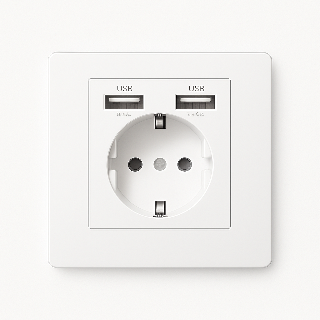 Prise électrique et double USB (Europe) en acier blanc mat bords arrondis