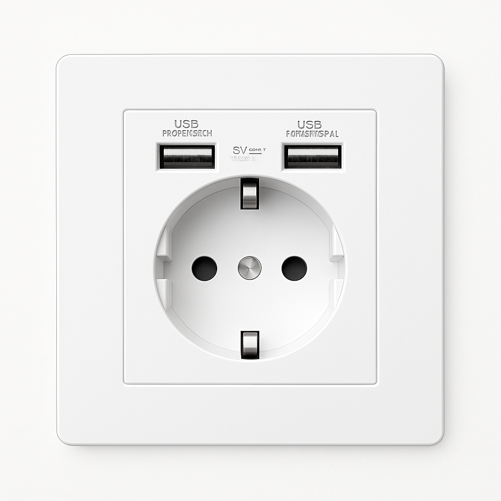 Prise électrique et double USB (Europe) en acier blanc mat et bords arrondis