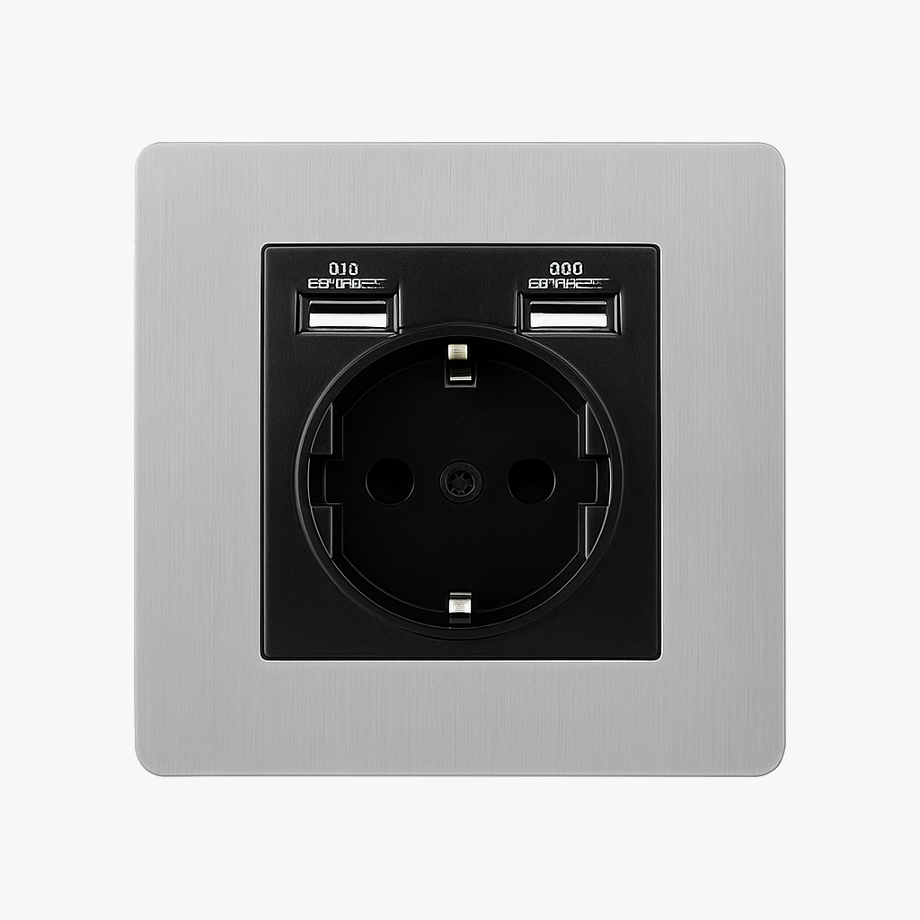 Prise électrique et double USB (Europe) en acier gris clair brossé bords arrondis