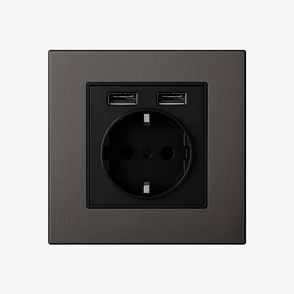 Prise électrique et double USB (Europe) en acier gris foncé brossé