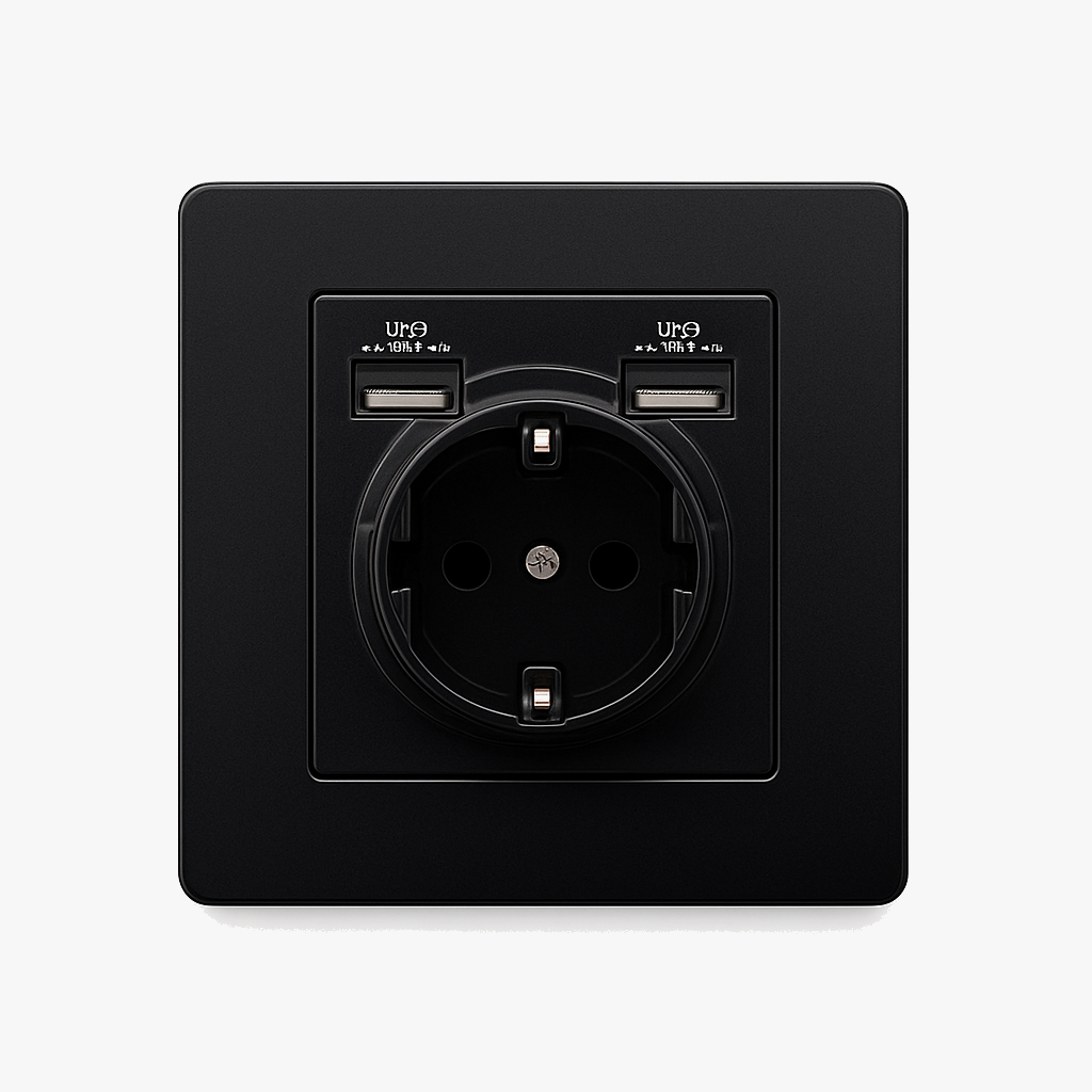 Prise électrique et double USB (Europe) en acier noir mat bords arrondis
