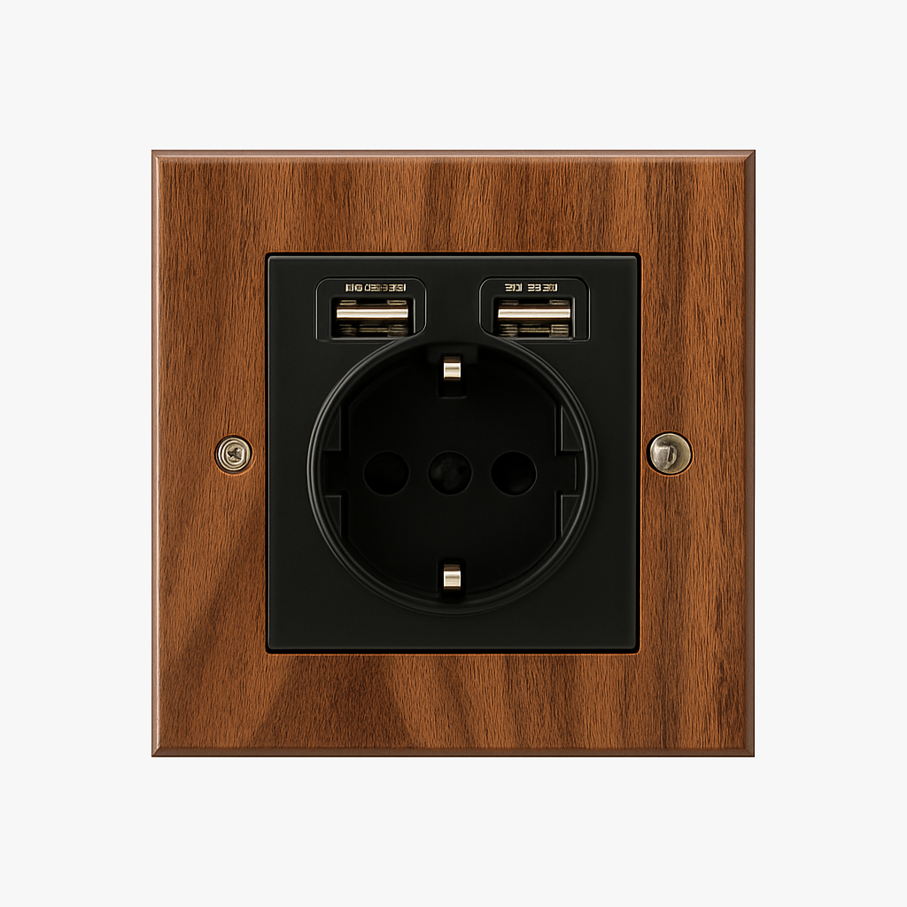 Prise électrique et double USB (Europe) en bois et vis dorées