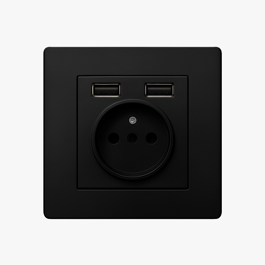 Prise électrique et double USB type C en acier noir mat bords arrondis