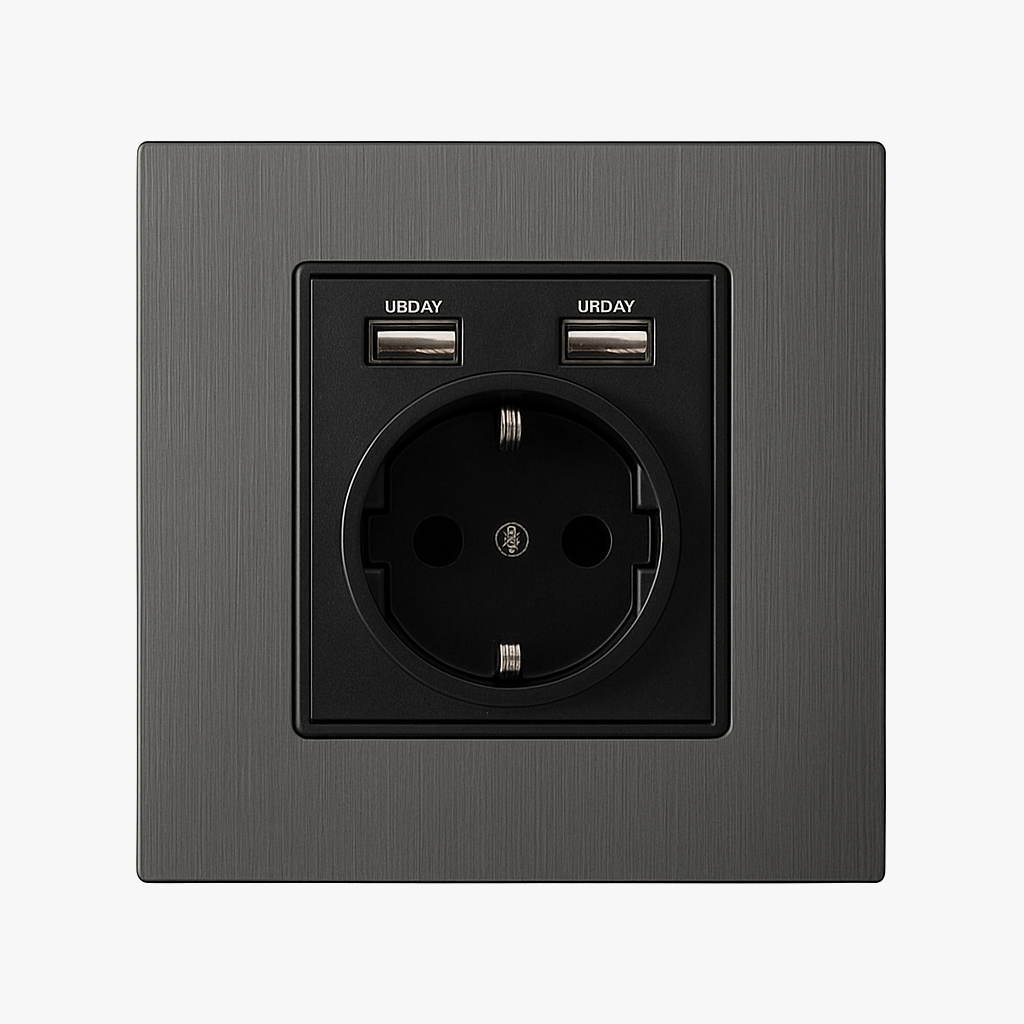 Prise électrique et double USB type C (Europe) en acier gris brossé
