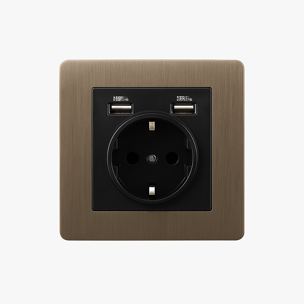 Prise électrique et double USB type C (Europe) en acier gris brossé bords arrondis