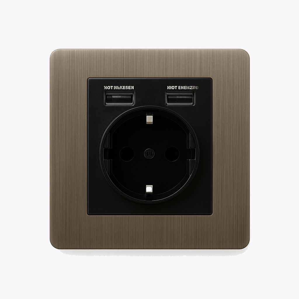 Prise électrique et double USB type C (Europe) en acier gris vieilli brossé bords arrondis