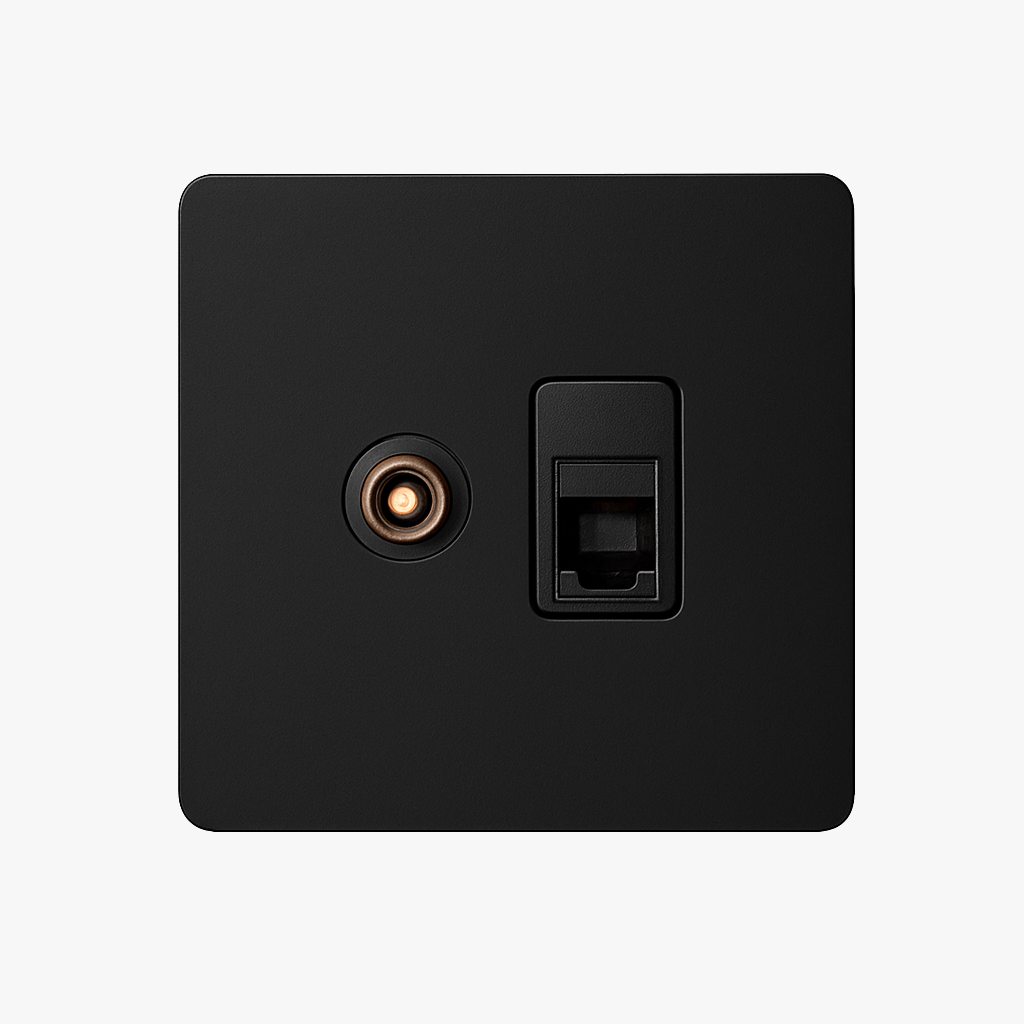 Prise TV et RJ45 en acier noir mat bords arrondis