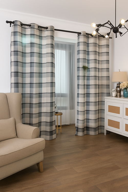 rideau transparent beige motif carreaux retro - vue 2 sur 6