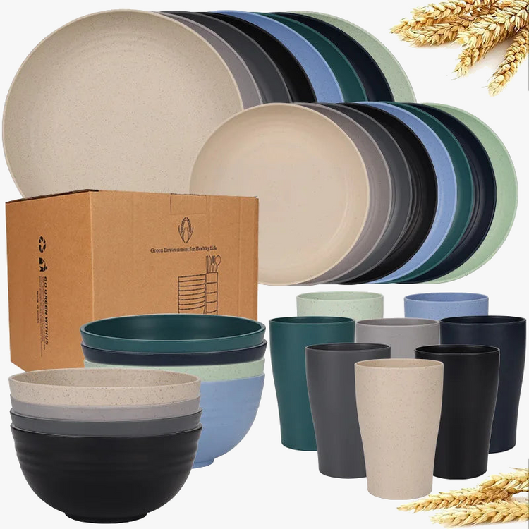 Service table paille blé assiettes bols tasses camping