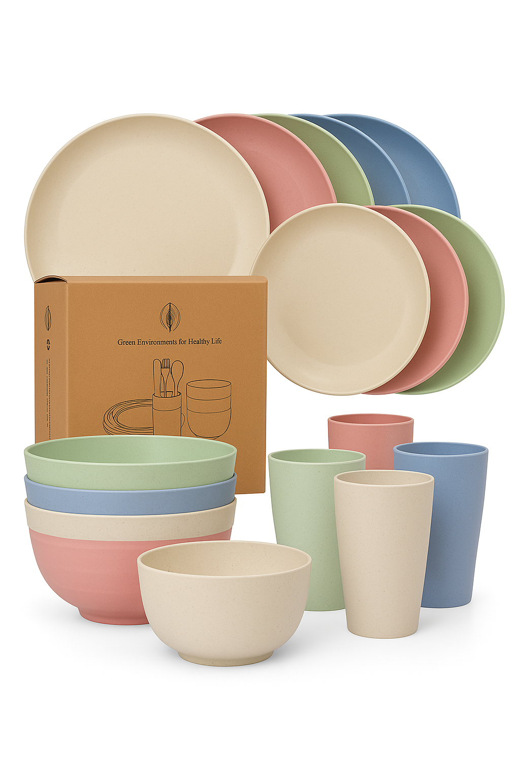 Service table paille blé assiettes bols tasses camping - vue 2 sur 2