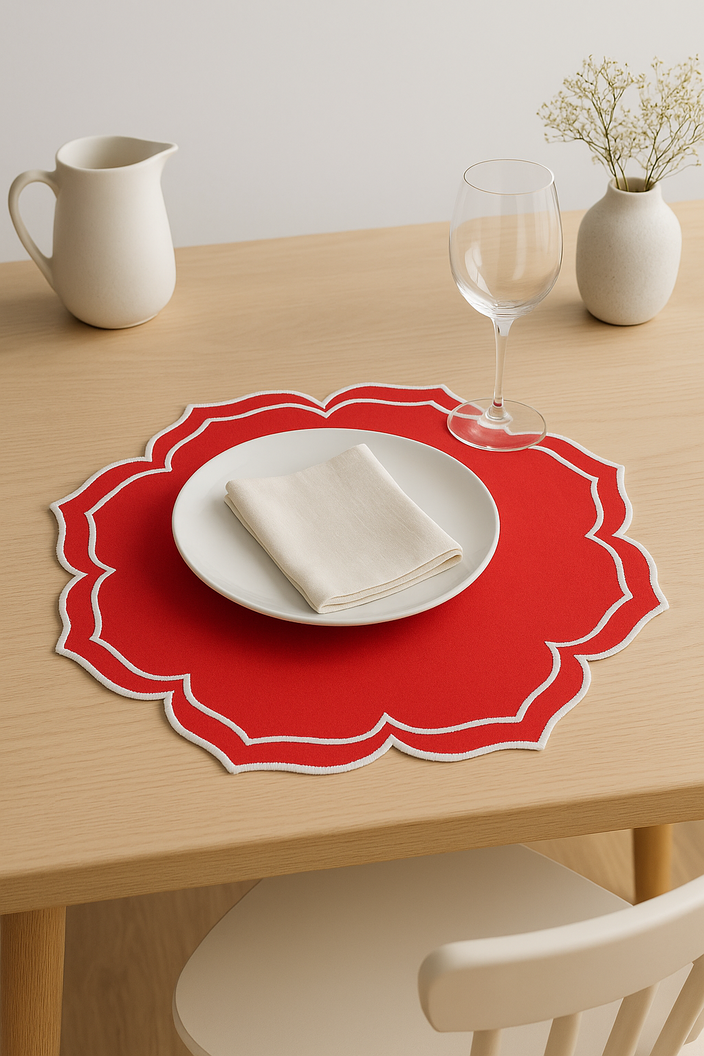 Set de table coton brodé vintage bord ondulé